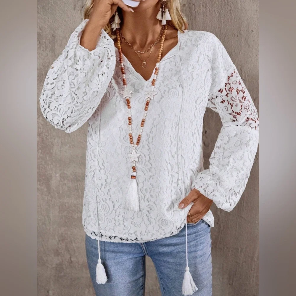 Cloud Dreaming White Lace Blouse Long Sleeve - Picture 4 of 5